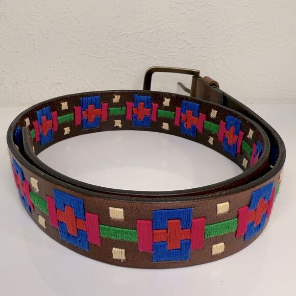 Free People High Summer Brown Leather Belt Multicolor Embroidered Bohemian Sz 32 - Picture 4 of 11